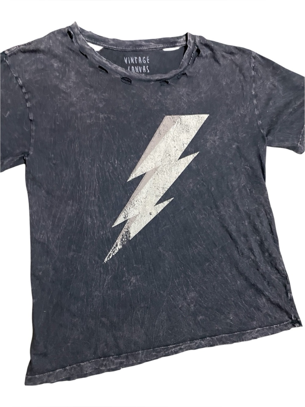 Vintage Canvas black charcoal mineral wash t-shirt  distress silver lightning